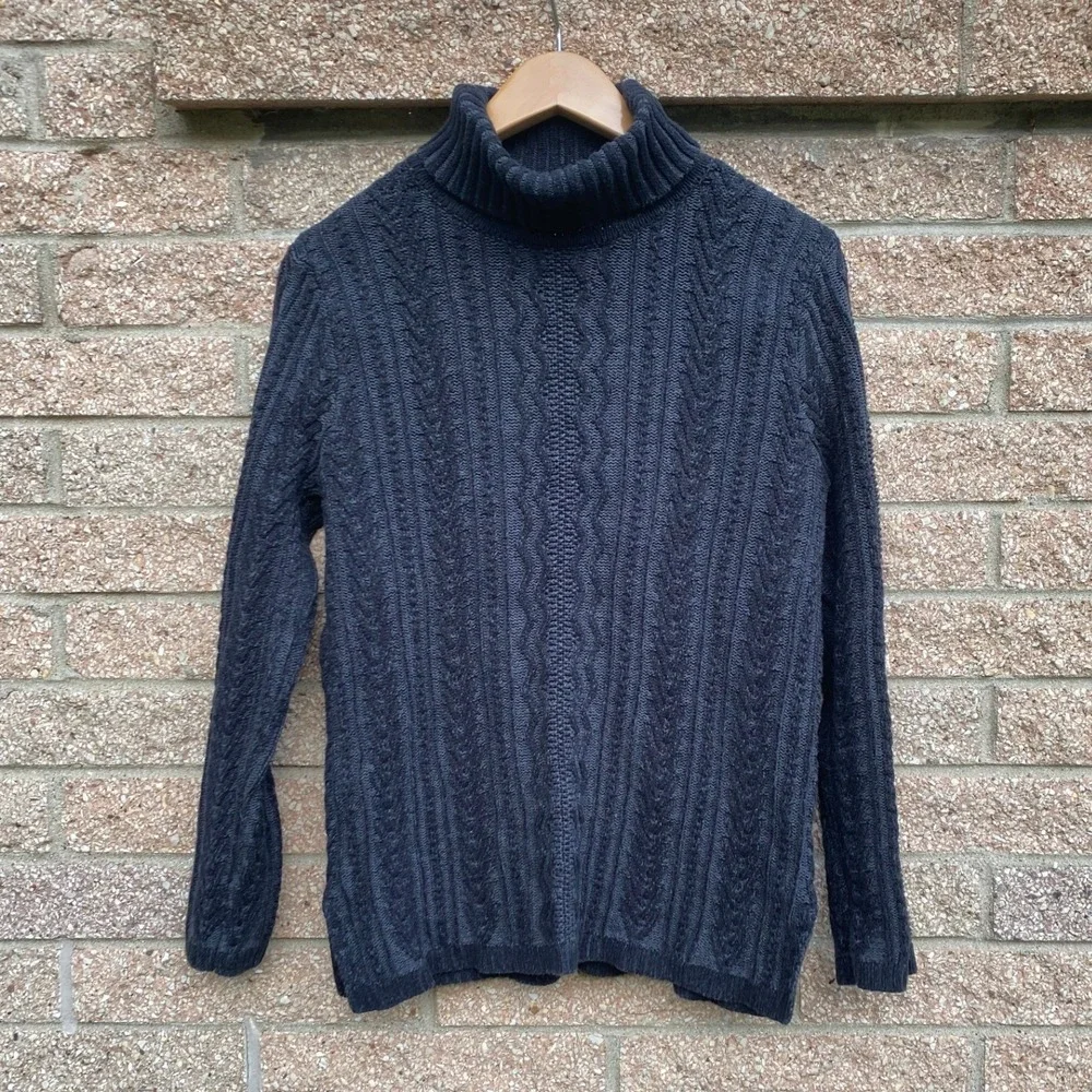 Fisherman Cable Knit Cotton Gray Turtleneck Sweater Medium Heritage Academia 90s